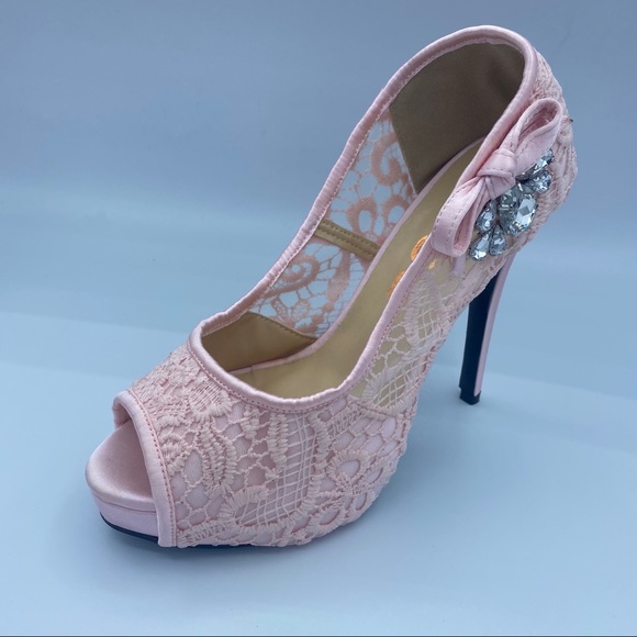 Pink Lace heels Peep Toe Rhinestone Platform Shoes - Picture 10 of 12